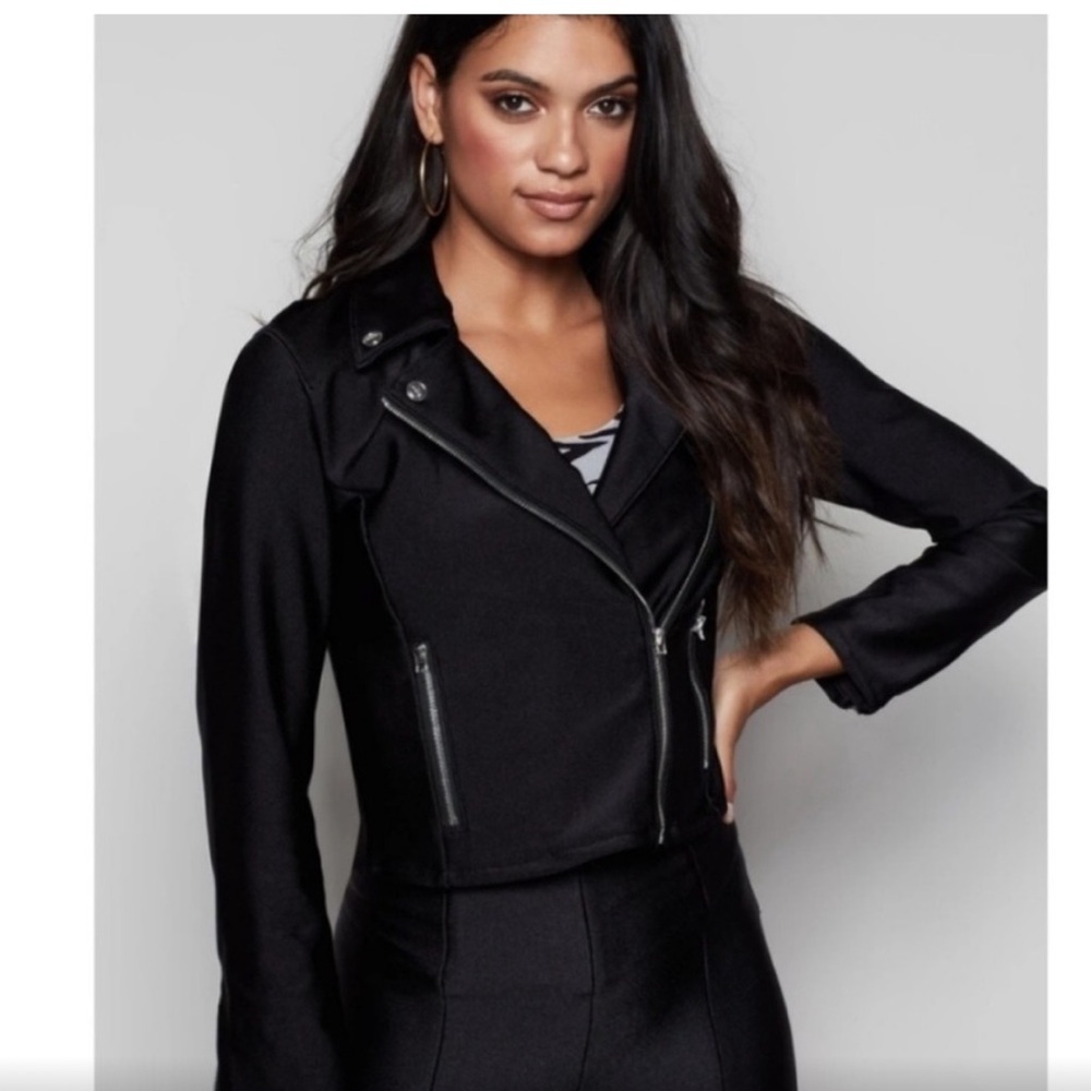 Good American | Cropped Black Moto Jacket with Silver Details Size 0